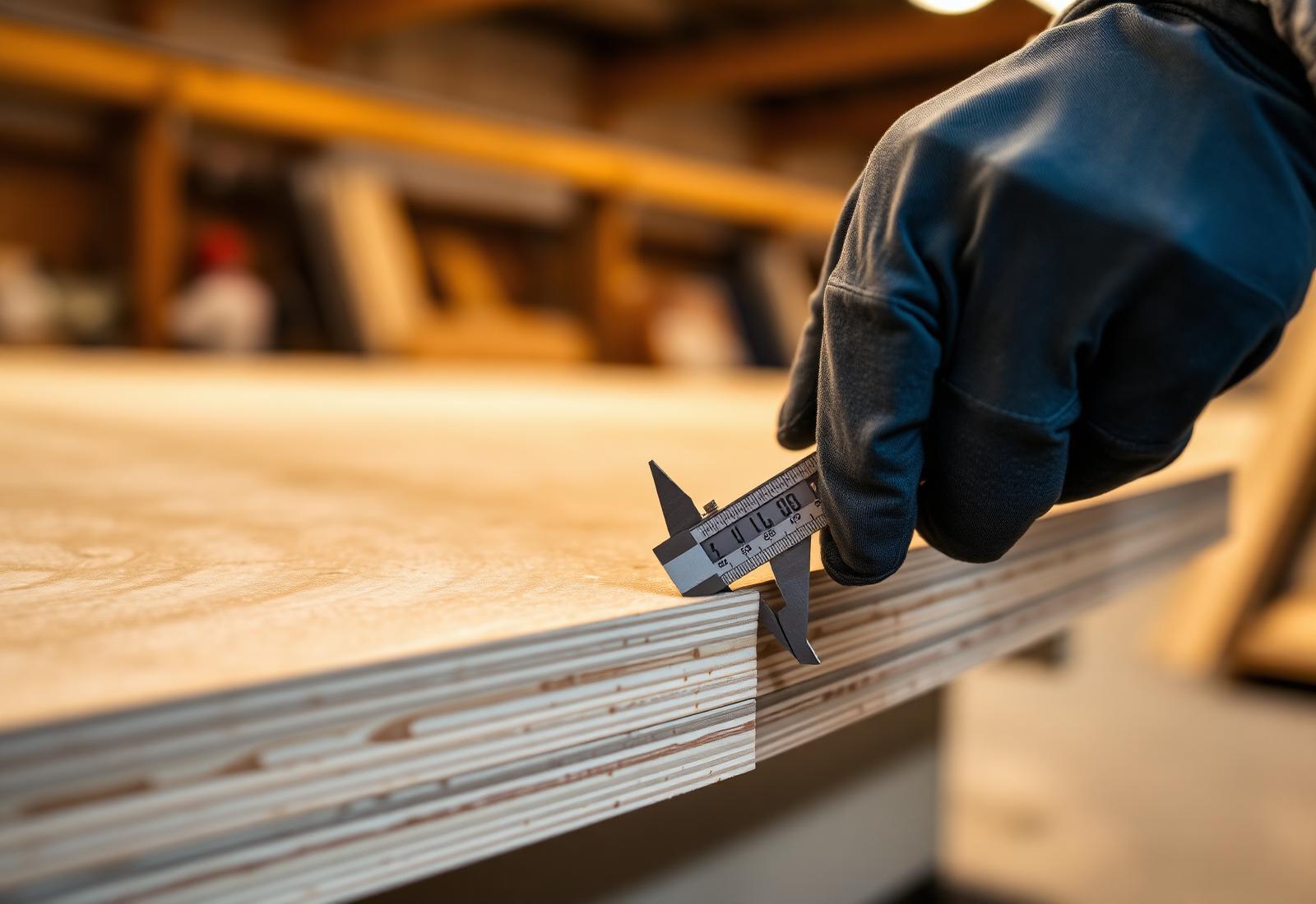 Quality inspector measuring a plywood sheet with calipers